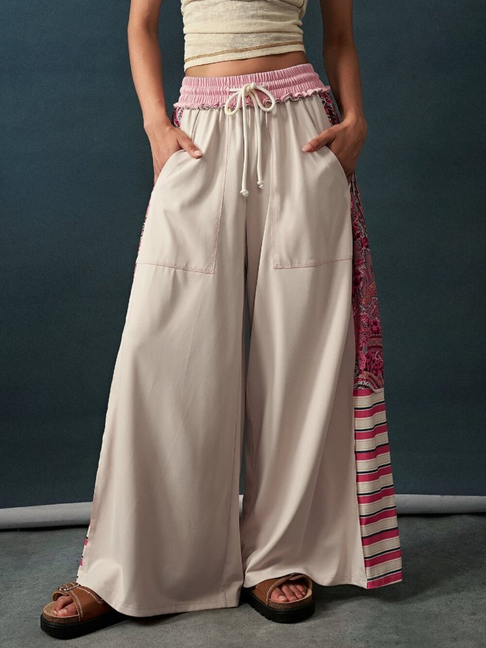 Apricot Boho Women's Paisley Pattern Print Pocket Loose Wide Leg Pants